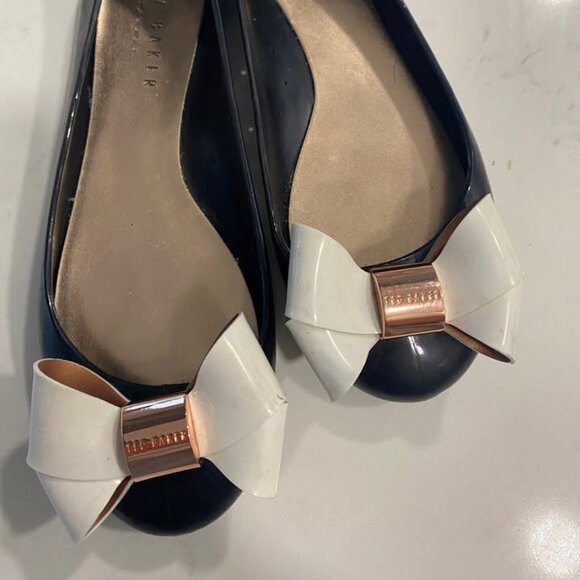 TED BAKER London - Black White Bow w/ Rose Gold - Jelly Slip Ballet Flats - 7 - Picture 8 of 8
